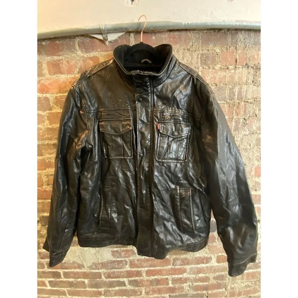 Levi’s Black PU Leather Fleece Lined Biker Jacket Coat Men’s Size XL